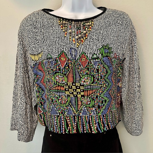 PLATINUM blouse cropped beaded boho vintage 1980s designer - Picture 4 of 10